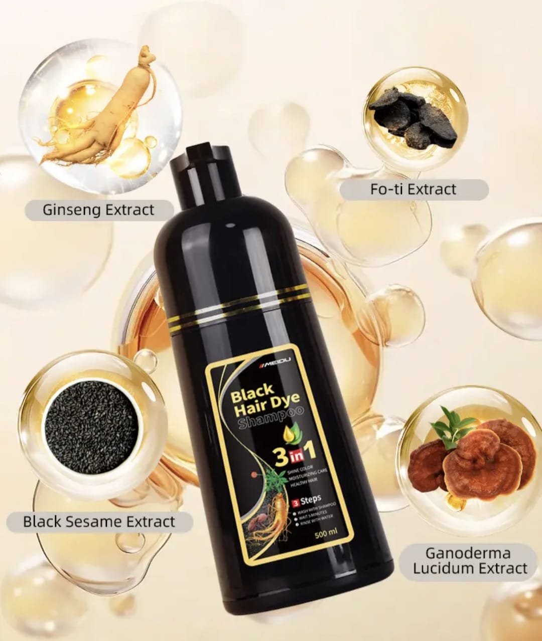 Shampoing colorant noir instantané MEIDU pour hommes et femmes 3 en 1, 500 ml