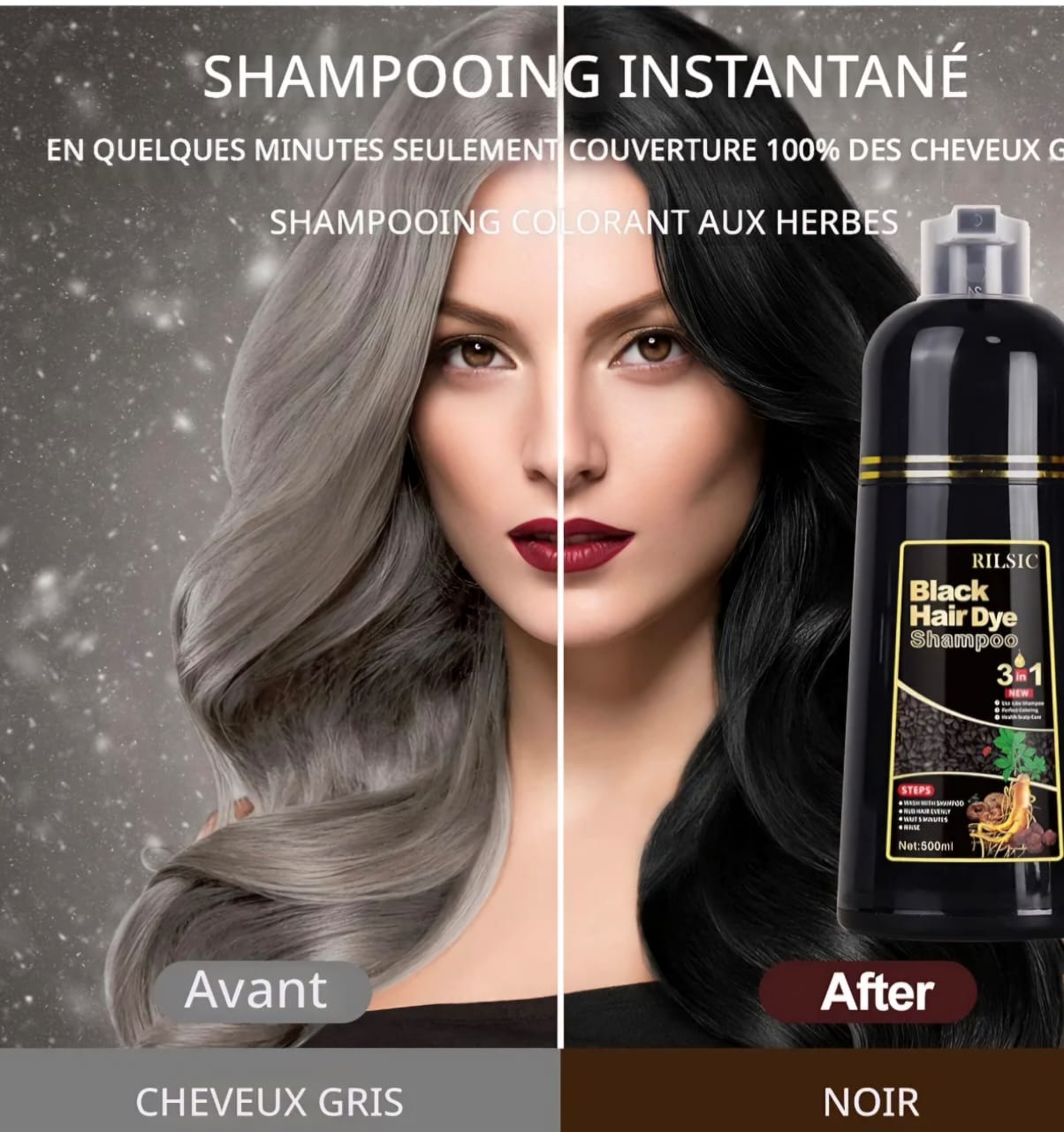 Shampoing colorant noir instantané MEIDU pour hommes et femmes 3 en 1, 500 ml