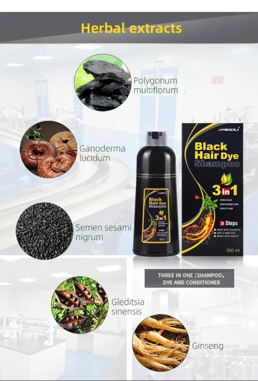 Shampoing colorant noir instantané MEIDU pour hommes et femmes 3 en 1, 500 ml