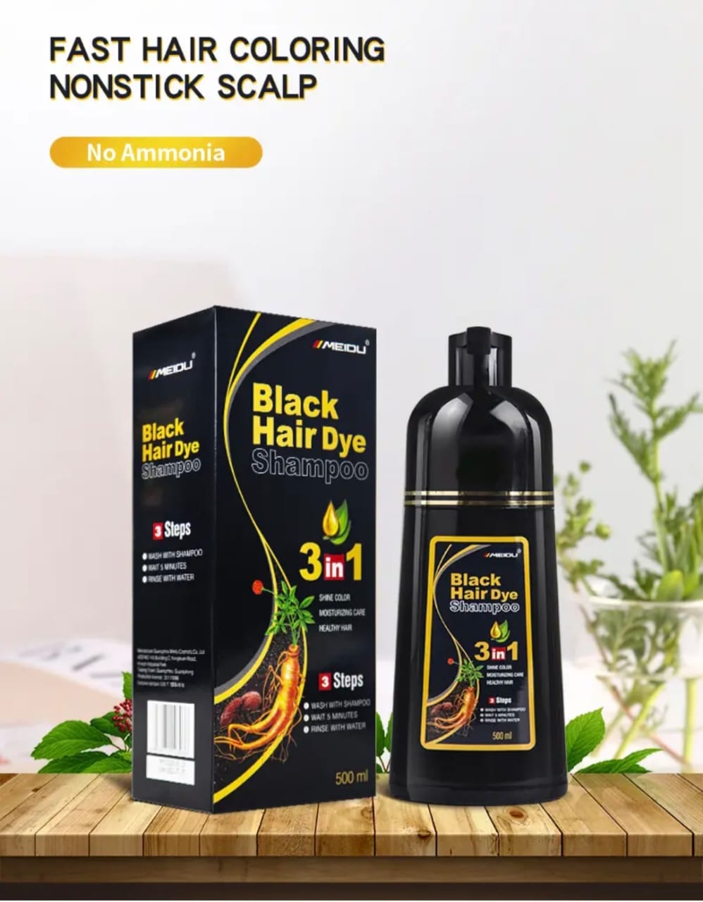 Shampoing colorant noir instantané MEIDU pour hommes et femmes 3 en 1, 500 ml